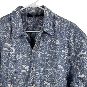 OP Ocean Pacific Button Up Shirt Mens Medium Blue Tribal Palm Tree Aloha Cotton